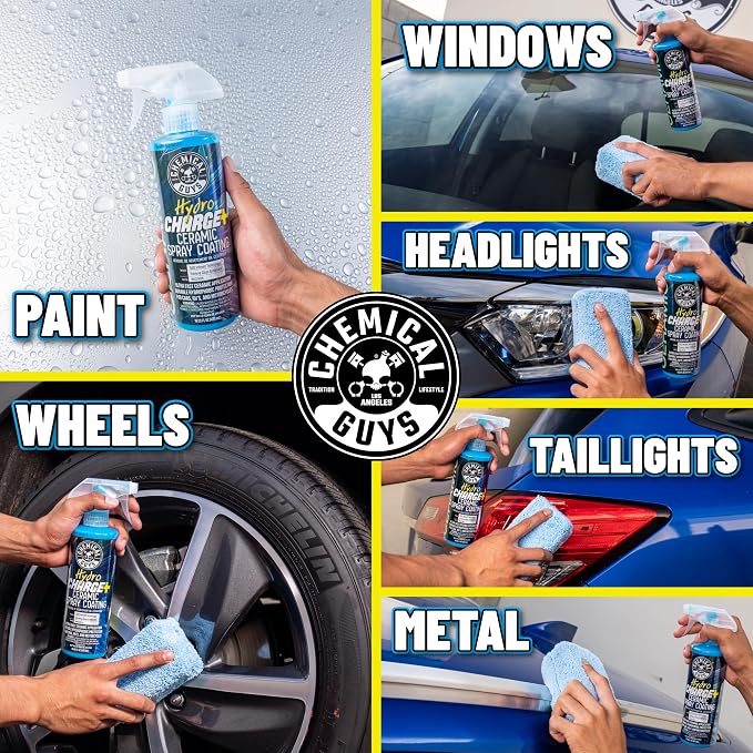 HydroCharge Ceramic Spray Coating - The Ultimate Nano Ceramic Spray Protectionwith Chemical Guys MIC_506_03 Professional Grade Premium Microfiber Towels, Gold 16" x 16", Pack of 3