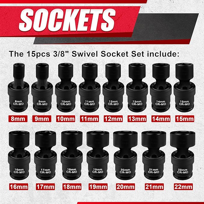 15PCS 3/8" Drive Shallow Universal Impact Socket Set,Swivel Socket Set,Metric Flexible Wobble Sockets, CR-MO,8-22mm, 6 Point