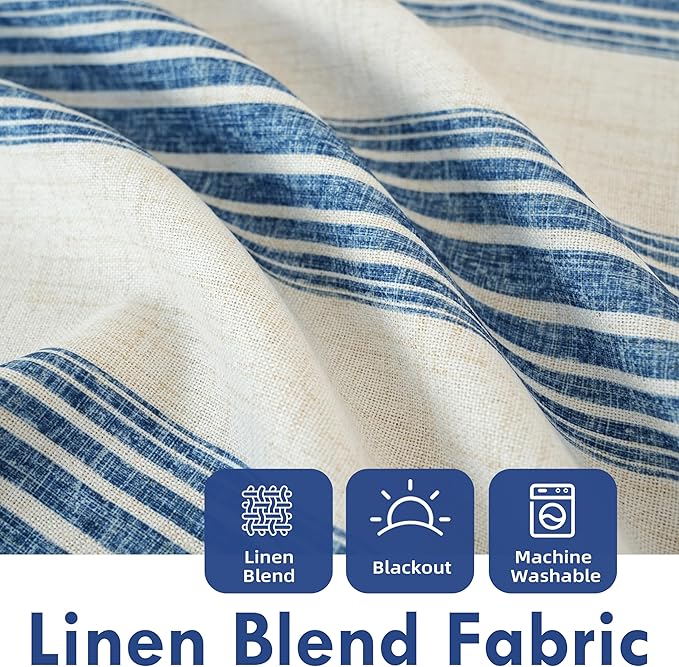 DriftAway Chris Double Layer Linen Blackout Tie Up Curtains Thermal Insulated Fully Lined Vertical Striped Balloon Roman Shade Bathroom Window Adjustable Rod Pocket 31 Inch by 47 Inch Jean Navy