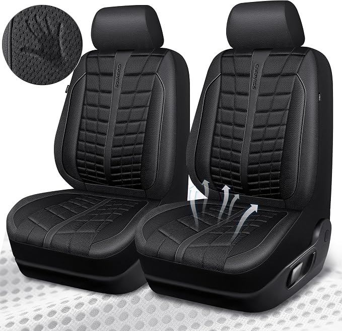 CAR PASS 3D Air Mesh Seat Covers for Car, Leather Car Seat Cover Front Seats, Breathable Foam Premium Leather Mesh Front Seat Covers Universal Fit for Cars Sedans Trucks Vans SUVs, All Black