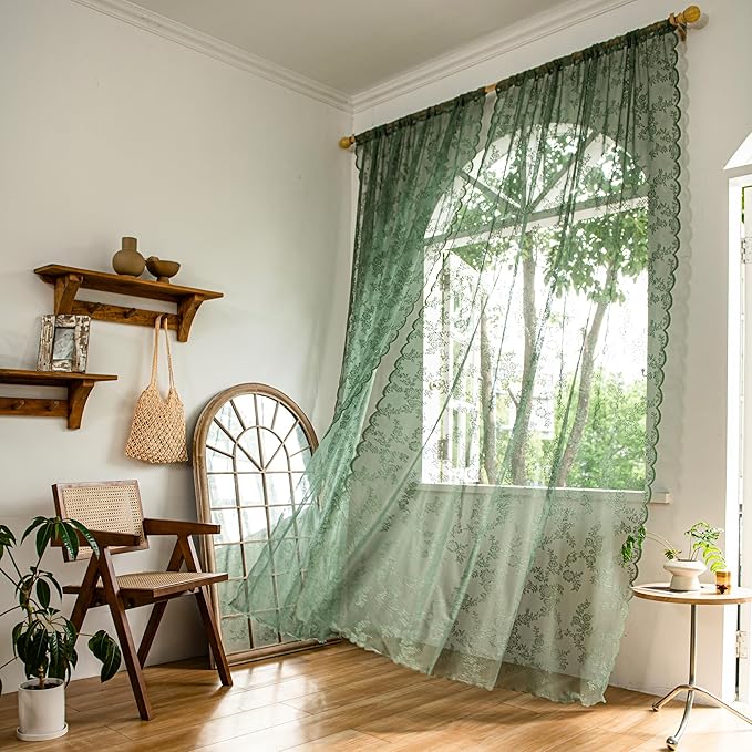 Sutuo Home Olive Green Lace Curtains for Bedroom Living Room 84 Inches Long 2 Panels Set, Dark Hunter Sheer Vintage Floral Embroidery Window Treatment Pair Christmas Decor, Rod Pocket, W57 x L84
