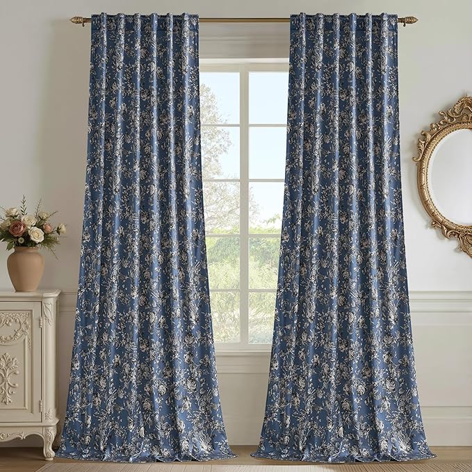 StangH Vintage Floral Velvet Curtains for Living Room, Slate Blue Printed Bedroom Drapes with Rose Pattern Victorian Energy Efficient Privacy Panels for Home Office, W52 x L84, 2 Panels