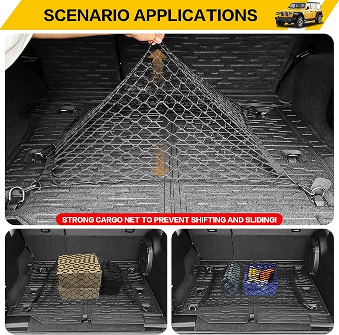 Cargo Mat & Trunk Net for 2018-2024 Jeep Wrangler JL Unlimited 4X4 Trunk Liners with Cargo Net All Weather Anti-Slip Rear Mesh Cargo Net for 18-24 Wrangler JL 4X4 4 Door Accessories