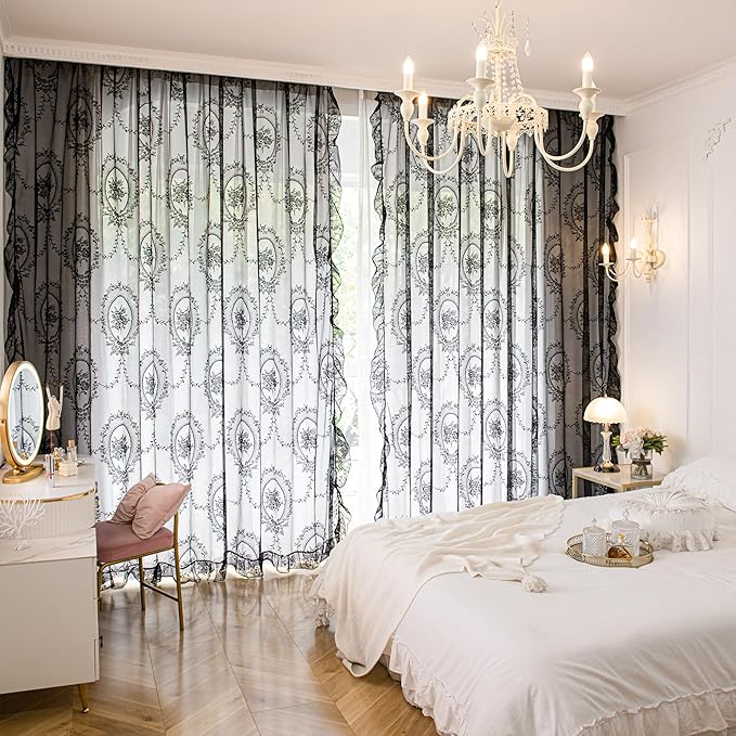 Sutuo Home Black Lace Curtains 96 Inches Long 2 Panels, Sheer Rose Floral Embroidery Ruffled Vintage Window Treatment Pair for Bedroom Living Room Gothic Halloween Decor, Rod Pocket, W57 x L96