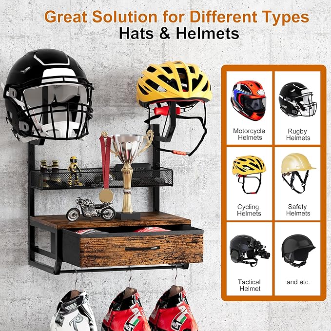 TQVAI Helmet Holder Wall Mount, Hold up to 2 Helmets, Motorcycle Helmets Rack with Drawer and Mesh Basket for Motorcycle Accessories, Hanging Protective Gear Shelf for Backpack Boots