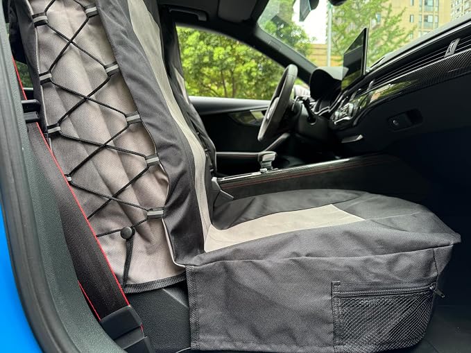 Grey Black Seat Covers for Cars Trucks SUV, Universal Canvas Tactical Multi-Pockets Organizers Rain Defender, Waterproof Seat Protectors Front Set