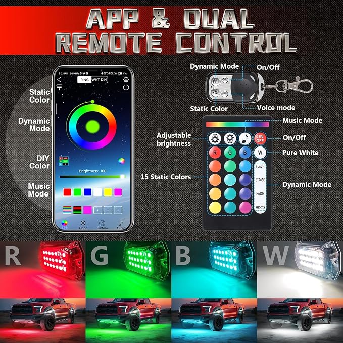 16 Pods 230° Full Angle RGBW LED Rock Lights, 6500K Pure White RGB Rock Light 12V Waterproof Neon Underglow Kit for Truck Jeeps Pickup Offroad Boat RV UTV Trailer Underbody, APP/RF Remote Sync Music