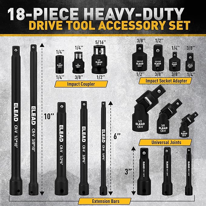 18-Pieces Impact Socket Extension Set: 1/4", 3/8" & 1/2" Drive Socket Extension Bar, Socket Adapter Set, Swivel Universal Joints & Impact Coupler