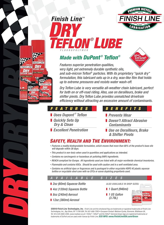 Finish Line Dry Bike Chain Lube – Ceramic Dry-Film Lubricant – Dirt & Dust Resistant