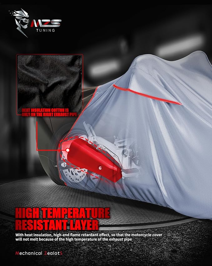 MZS Motorcycle Cover Waterproof Outdoor, Heavy Duty All Season Weather Sun Protection with Storage Bag Vents Night Reflective Cotton Lining Lock Holes fits up to 96" Motorcycles Vehicle Covers