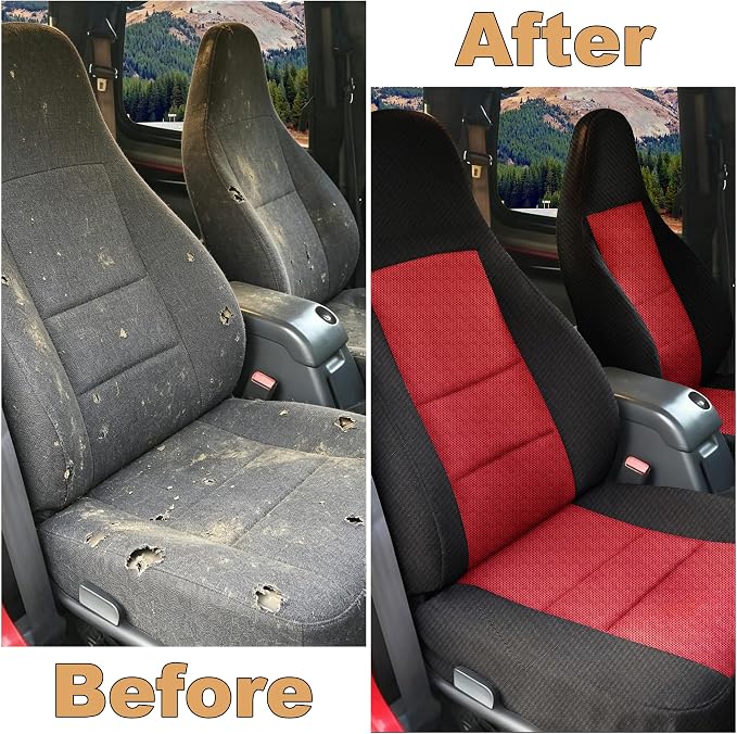 Custom Seat Covers for Jeep Wrangler TJ 1997 1998 1999 2000 2001 2002 Heavy Duty Cloth Protector Interior Accessories，Waterproof & Machine Washable, Foam Padded - Red（Front & Rear）