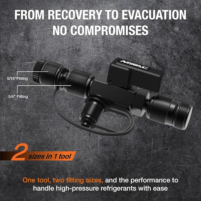 NAVAC NVR2 Valve Core Removal Tool - HVAC Tool for Fast Recovery and Evacuation - Includes 2 Sizes (1/4″ and 5/16″) Flare Fittings in 1 Tool - R-410A Vacuum Rated to 20 Microns - Durable Metal Handle