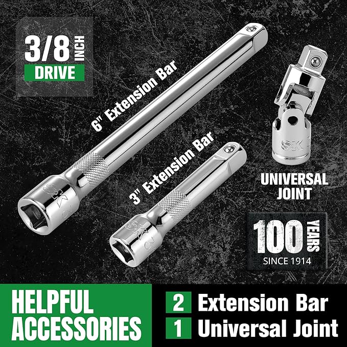 SK 3/8" Drive Socket Set with 90-Tooth Ratchet, 56-Piece, SAE & Metric, SuperKrome Finish, Premium CR-V Construction, with EVA Foam Tool Organizer