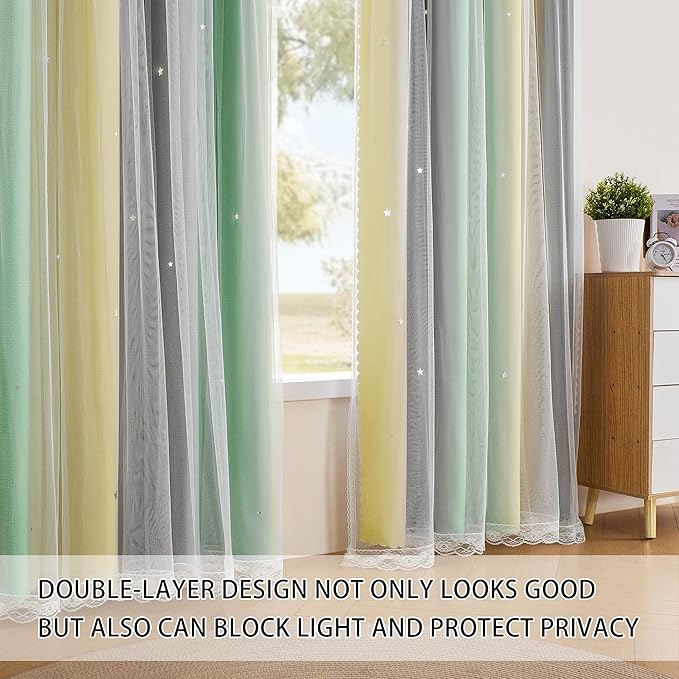 XiDi Girls Curtains for Bedroom 96 Inches Long 2 Panels Grey Green Yellow Rainbow Blackout Curtains for Little Girl Kids Room Decor Living Room, Princess Unicorn Wall Decals Drapes 34x96