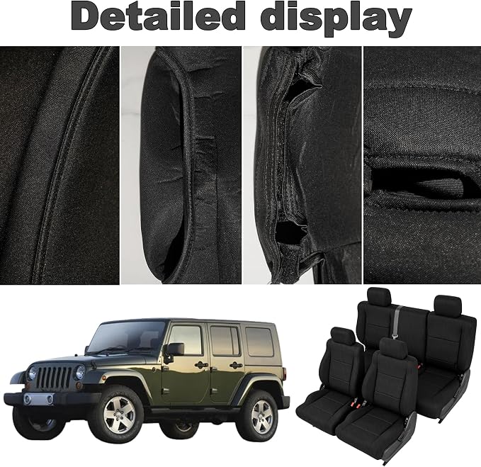 Custom Seat Covers for Jeep Wrangler Unlimited 4-Door 2008 2009 2010 Heavy Duty Cloth Protector Interior Accessories，Waterproof & Machine Washable, Foam Padded - Black（Front & Rear）
