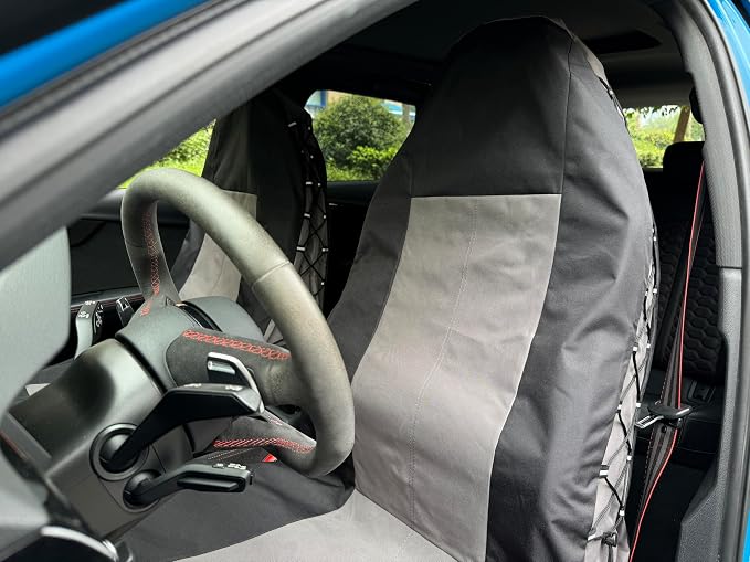 Grey Black Seat Covers for Cars Trucks SUV, Universal Canvas Tactical Multi-Pockets Organizers Rain Defender, Waterproof Seat Protectors Front Set