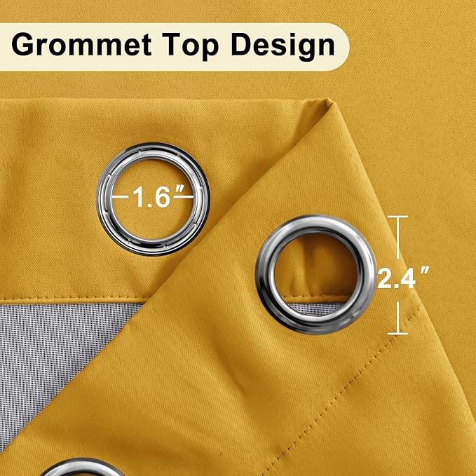 XWZO 100% Blackout Curtain Panels - Extra Long Thermal Insulated Black Liner Curtains, Noise Reducing and Heat Blocking Drapes for Bedroom with Tiebacks, Yellow, W52 x L108, Set of 2