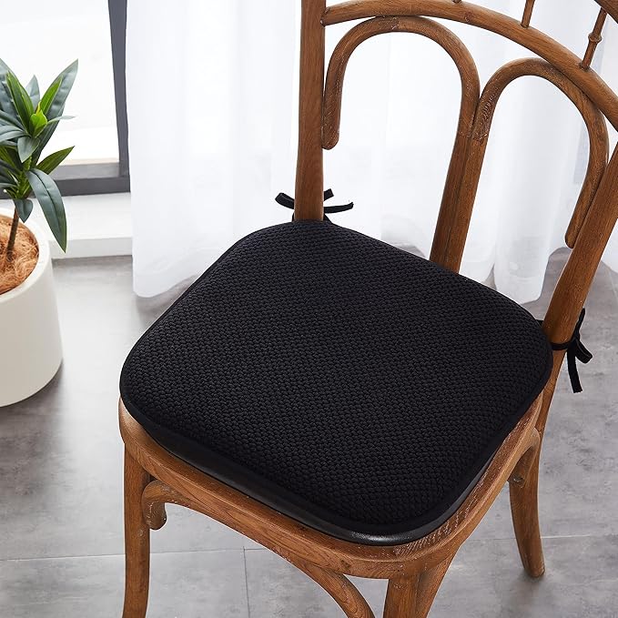 Elegant Comfort Chair Cushion Covers with Ties and Non Skid Rubber Backing-Thick Memory Foam - Soft Cushion Pad- Rounded Square Seat Cover-16 x 16 Inches- Honeycomb Textured Pattern, Set of 8, Black