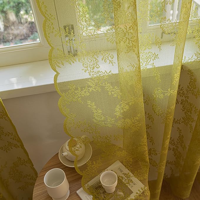 Sutuo Home Sage Green Lace Curtains for Bedroom Living Room 96 Inches Long 2 Panels, Boho Sheer Rose Floral Embroidery Ruffled Vintage Window Treatment Pair Xmas Decor, Rod Pocket, W57 x L96