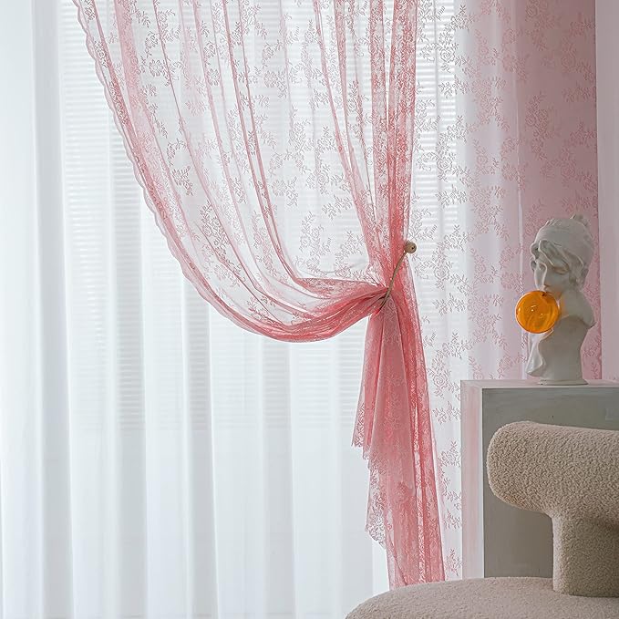 Sutuo Home Lace Curtains 2 Panels Set, Blush Pink Sheer 72 Inch Long Window Floral Vintage Voile Window Panel Treatment for Bedroom/Living Room/Kitchen, Decor Rod Pocket W57 x L72