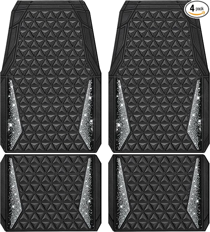 CAR PASS Bling Diamond Car Mats Rubber Floor Mats Full Set Anti-Slip 3D Rhombus Waterproof Trim to Fit Liner Universal Glitter Crystal Sparkly Shining Rhinestone Girl Women SUV Sedan Van, Black Silver