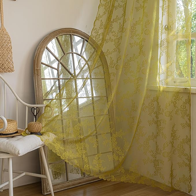 Sutuo Home Lace Curtains for Bedroom Dining Room 90 Inches Long 2 Panels, Boho Sheer Rose Floral Embroidery Ruffled Vintage Window Treatment Pair Easter Decor, Rod Pocket, W57 x L90,Sage Green
