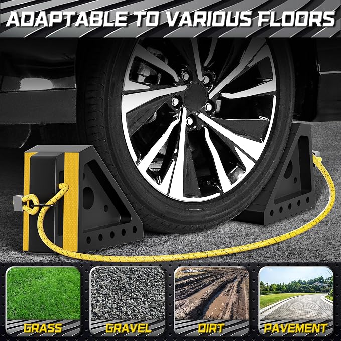 4 Pack Heavy Duty Wheel Chocks with 39" Rope, Rubber Wheel Chocks for Trailers, RV, Cars, Trucks, and ATV