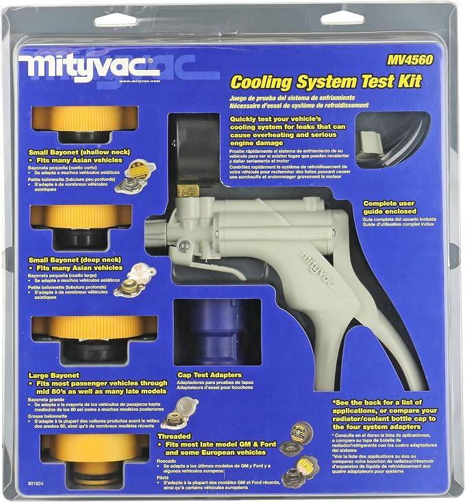 Mityvac MV4560 Radiator/Cooling System Pressure Test Kit for Asian, European, US Cars and Light Duty Trucks, Includes Hand Pressure Pump, 4 Cooling System and 2 Dual-Function Cap Test Adapters