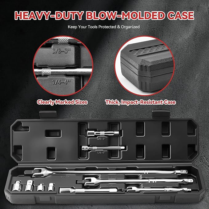 10PC Breaker Bar Set, Dual-end 3 Extension Bars, 3/8", 1/2" 1/4" Drive | 3/8", 1/2" and 1/4" Drive, 180° Rotatable Head, 6'', 10'', 15'' Length, 3 Extension Bars, Organizer Case