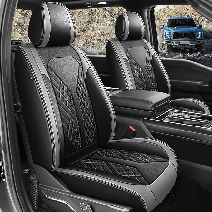 Front Seat Covers for Ford F150 2009-2024 2025 2026- F250/F350/F450 2017-2024 2025 2026: Custom Faux Leather Truck Seat Covers Car Cushion (2 PCS Front,Black&Grey)