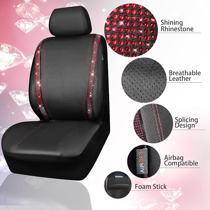 CAR PASS Diamond Bling Leather Seat Covers Set Car Floor Mats Glitter Rhinestone Steering Wheel and Car Interior Accessory Set for Women Red