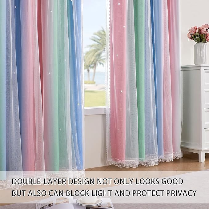 XiDi Girls Curtains for Bedroom 84 Inches Long 2 Panels Pink Green Blue Rainbow Blackout Curtains for Little Girl Kids Room Decor Living Room, Princess Unicorn Wall Decals Drapes 52x84
