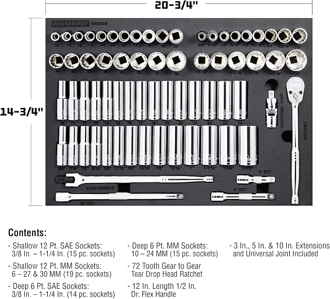 Powerbuilt Master Socket 69 Piece Set, 1/2 Drive, SAE and Metric, 6 and 12 Point, Deep Sockets, Extension Bars, Ratchet - 949006