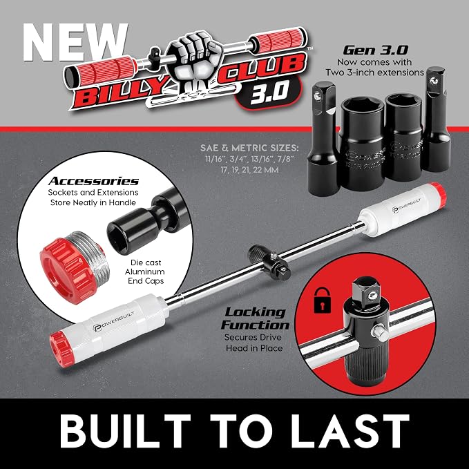 Powerbuilt Billy Club Universal Lug Wrench with Socket Storage, SAE and Metric, Remove Lug Nuts Tire Wheels - Gen-3 643046ECE