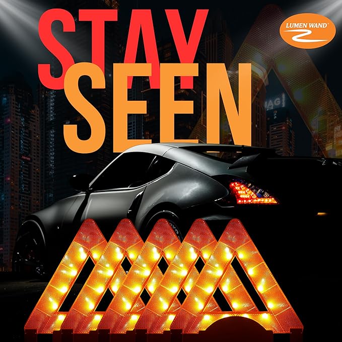Lumen Wand Reflective Warning Triangle with LED Lights for Road Safety Metal Base | Internal LED with External Reflectors Emergency Triangle for Vehicle Breakdown Pack of 12