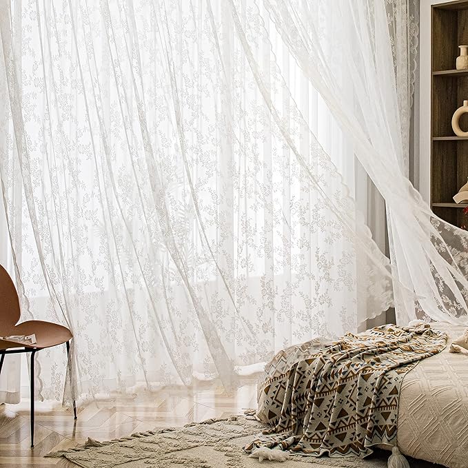 Sutuo Home Lace Curtains 72 Inches Length 2 Panels Set, White Sheer Window Floral Vintage Voile Window Panel Treatment Pair for Bedroom/Living Room/Kitchen, Decor Rod Pocket W57 x L72