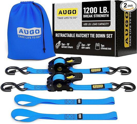AUGO Retractable Ratchet Straps | 2 Heavy Duty Ratchet Straps Self Retractable Tie Downs with Soft Loops & Storage Bag for Motorcycle, Truck, Trailer, Cargo Van | 1200 Lb Break Strength 1” x 10’