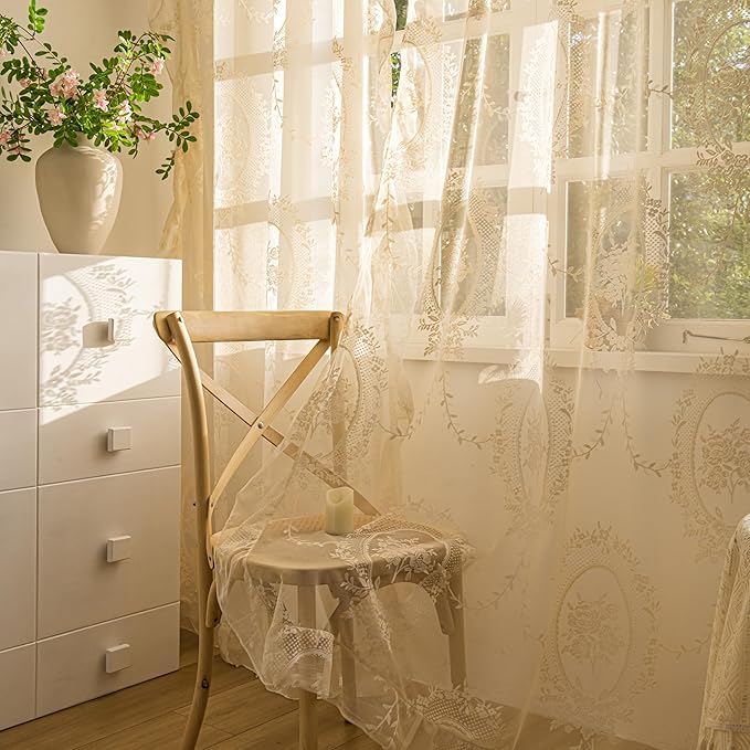 Sutuo Home Beige Lace Curtains 90 Inches Long 2 Panels, Vintage Embroidered Floral Rose Sheer Curtains for Bedroom Living Room, Privacy Country Rustic Windows Treatment Pair, Rod Pocket, W57 x L90