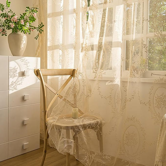 Sutuo Home Beige Lace Curtains 90 Inches Long 2 Panels, Vintage Embroidered Floral Rose Sheer Curtains for Bedroom Living Room, Privacy Country Rustic Windows Treatment Pair, Rod Pocket, W57 x L90