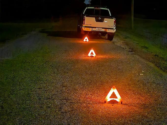 Lumen Wand 3-Pack LED Reflective Warning Triangles Kit for Road Safety | Metal Base, Internal LEDs & External Reflectors; Includes Storage Bag & 9 AAA Batteries | Emergency Triangle