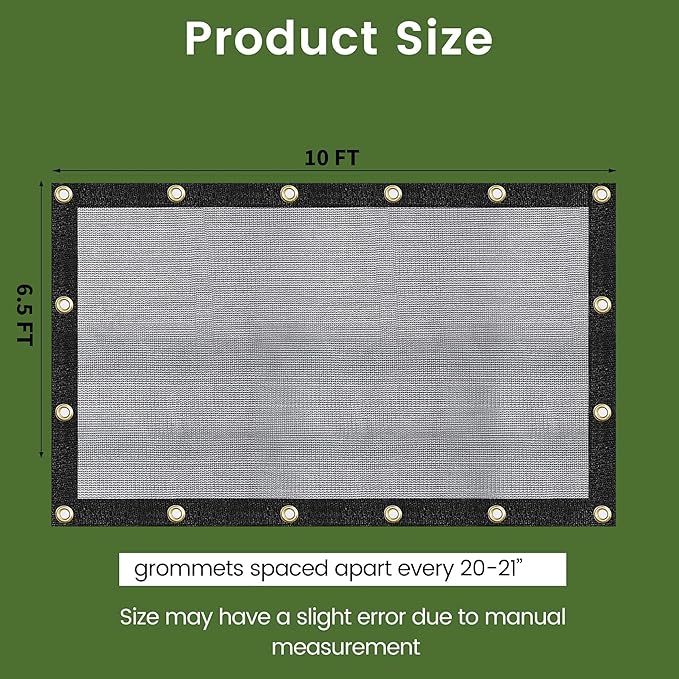 [WindscreenSupplyCo] 60-70% 6.5 FT X 10 FT Mesh Tarp/Shade Cloth 9-Needle Knitted Heavy Duty Black with Grommets for Green House, Garden, pergola, Pools, Dump Truck - MT6510BLKX1