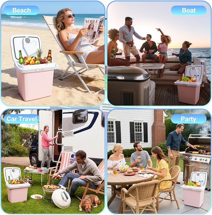 Iceblue Electric Cooler, 26 Liters/28 Cans Mini Fridge with Automatic Locking Handle, 120V AC Home Power Cord & 12V Car Adapter Car Refrigerator, Car Fridge for Home, Car, Gift (Pink)