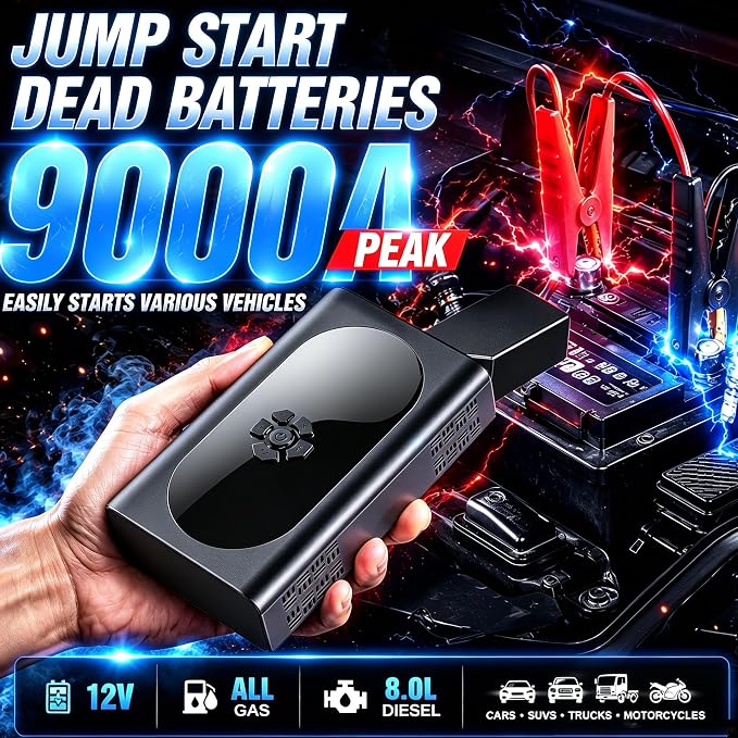 8000A Jump Starter with Air Compressor, 10-in-1 Portable Car Battery Booster and Tire Inflator Fast Charging Power Bank, Air Pump Battery Jumper Camping Road Trips Car Owner Gift