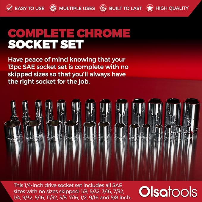 Olsa Tools SAE Deep Socket Set - 1/4-Inch Drive, 13pc - 6-Point Chrome Sockets from 1/8" to 5/8" and No Skipped Sizes - Mechanic Deep SAE Socket Set - Professional Grade Long Sockets - Part: 1329