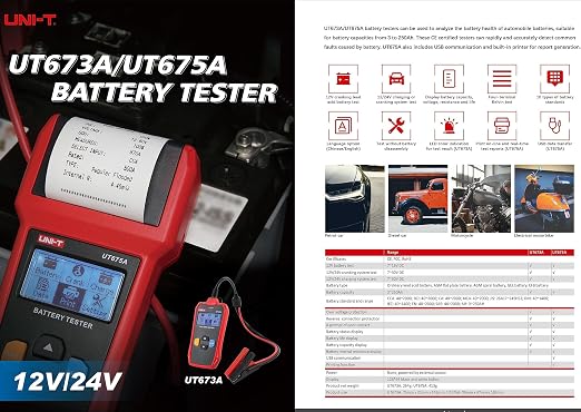 UNI-T UT673A Car Battery Tester - Advanced Conductance Technology, Tests 12V/24V Systems (CCA 40-2000A, 3-250Ah), Battery Health/Life/Charge & Starting System Diagnostics, quickly detect common faults