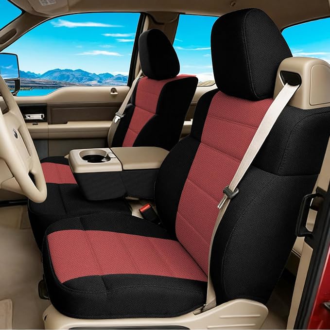 ESMING 40/20/40 Durable Oxford Fabric Front Split Bench Seat Covers for Ford F150 XL Standard Cab 2004 2005 2006 2007 2008 with Integrated Seatbelts & Solid Armrest-Red