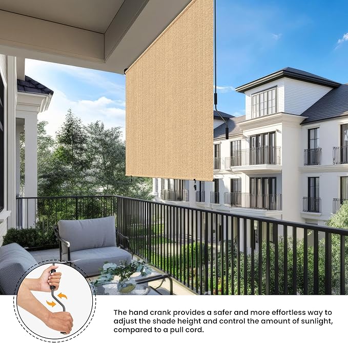 Grandekor Outdoor Roller Shade,8' W x 8' H,Patio Roll Up Shade Cordless,Outdoor Privacy Screen with 220GSM HDPE Aluminum,Wand Operation,Exterior Roller Shade Cloth for Porch Gazebo Backyard,Khaki