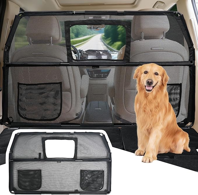 52" Dog Car Barrier for SUV, Wide Escape-Proof & Chew-Proof Dog Car Divider with Removable Visual Window & 2 Storage Pockets, Pet Net Gate for Behind Front Seats, Fits Sedans Cars Trucks