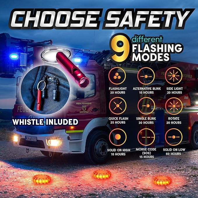 Marcala 4-Pack Rechargeable Emergency Lights For Vehicles | Largest 1200mAh Battery in the Market | Red Diode LED Road Flares Rechargeable | Hazard Lights for Vehicles with Included USB-C Cable