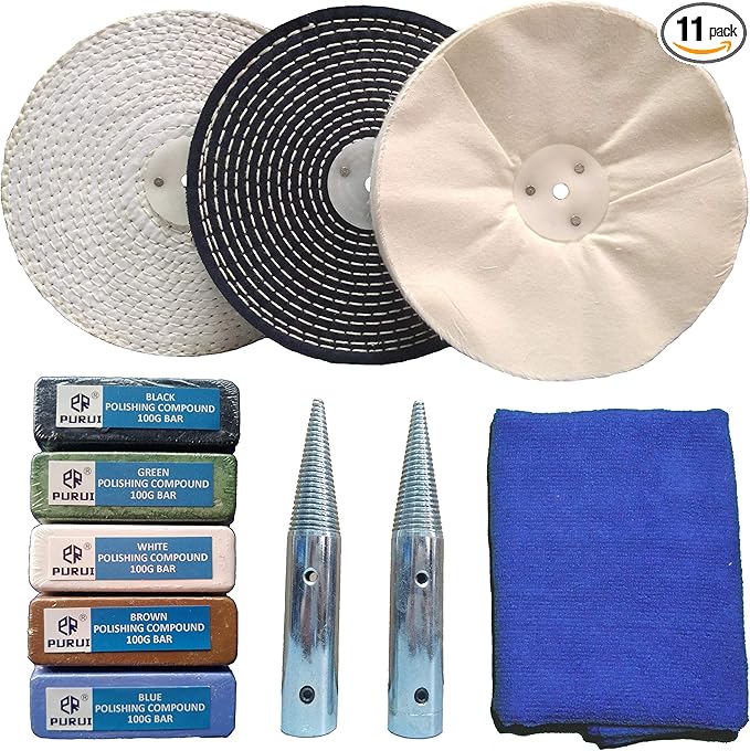 PURUI 8 Inch Bench Grinder Polishing Kit for All Metals, Kit Includes 3PC 8 Inch Buffing Wheels, 5PC 100g Bar Buffing Compounds, 2PC 5/8 Inch Bench Grinder Spindle Adapter, 1PC Microfibre Cloth, 11PCS